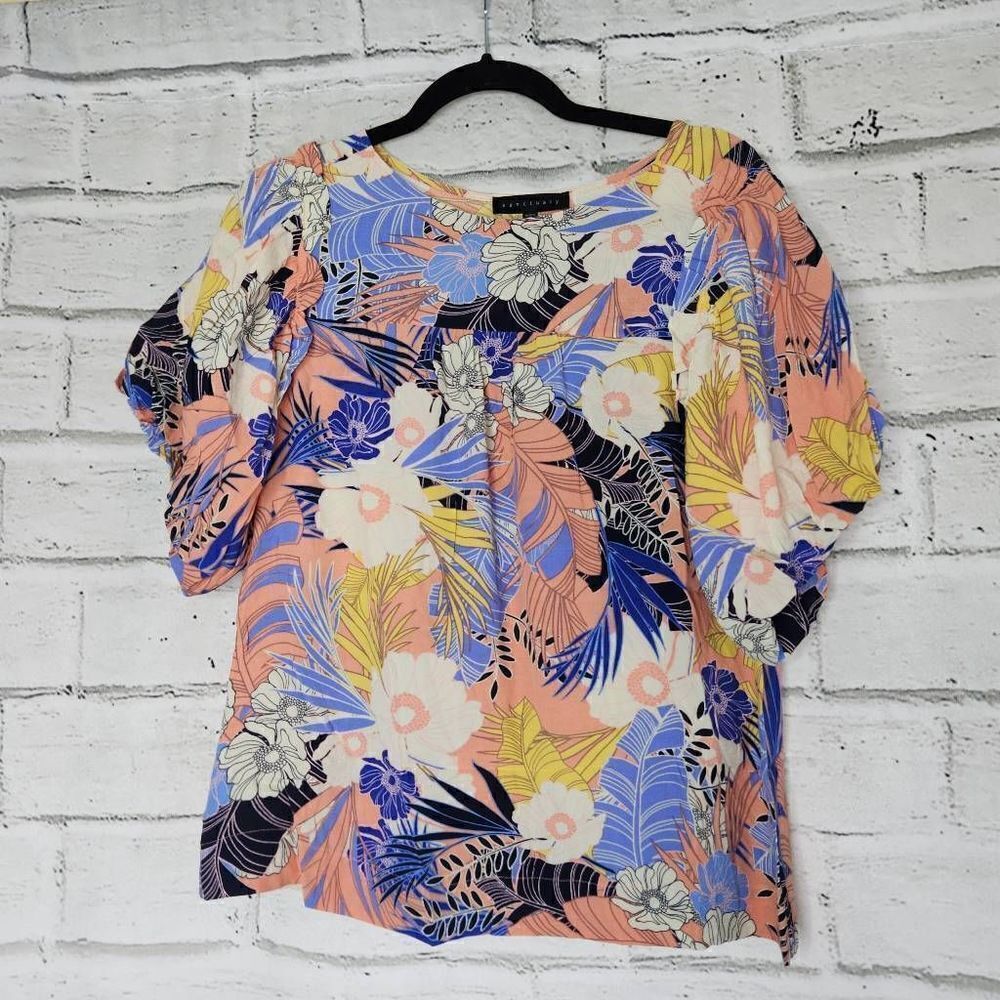 Sanctuary Floral Bubble Sleeve Blouse Shirt Womens XS Rayon Tropical